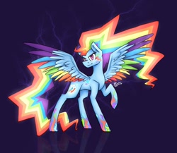 Size: 1800x1560 | Tagged: safe, artist:magicstar919, imported from derpibooru, rainbow dash, pegasus, pony, colored wings, dark background, ethereal mane, female, multicolored wings, rainbow power, rainbow wings, raised hoof, solo