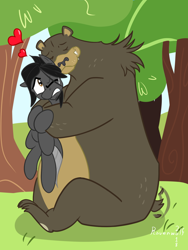 Size: 1200x1600 | Tagged: safe, artist:humble-ravenwolf, imported from derpibooru, harry, oc, oc:ravenhoof, bear, pegasus, pony, bear hug, cute, forest, heart, hug, legitimate bear hugs, story included