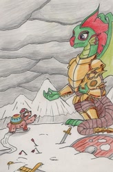 Size: 743x1134 | Tagged: safe, artist:kuroneko, idw, imported from derpibooru, dragon lord scintilla, prince ulysses, dragon, yak, armor, arrow, battlefield, colored pencil drawing, dragon armor, dragoness, duo, female, helmet, male, shield, snow, sword, traditional art, weapon