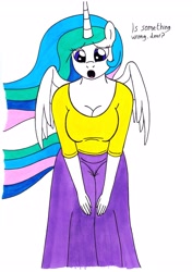 Size: 2446x3476 | Tagged: safe, artist:killerteddybear94, imported from derpibooru, princess celestia, alicorn, anthro, breasts, busty princess celestia, clothes, concerned, dialogue, female, hands on knees, long skirt, looking at you, mare, momlestia, shirt, skirt, solo, t-shirt, talking to viewer, traditional art