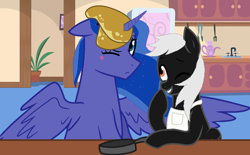 Size: 1288x800 | Tagged: safe, artist:sky gamer, imported from derpibooru, princess luna, oc, oc:alex sinfalair, alicorn, pegasus, pony, apron, canon x oc, clothes, cooking, female, food, horn impalement, lulex, male, one eye closed, pancakes, shipping, silly, straight