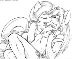 Size: 1200x978 | Tagged: safe, artist:kaemantis, imported from derpibooru, applejack, rarity, anthro, earth pony, unicorn, breasts, cleavage, clothes, eyes closed, female, kissing, lesbian, mare, monochrome, rarijack, shipping, simple background, sketch, white background