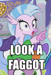 Size: 600x881 | Tagged: safe, edit, edited screencap, imported from derpibooru, screencap, november rain, princess ember, silverstream, spike, classical hippogriff, hippogriff, school daze, cropped, faggot, friendship student, image macro, jewelry, meme, necklace, op, pointing, vulgar