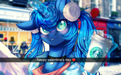 Size: 4494x2773 | Tagged: safe, artist:lunastyczna, imported from derpibooru, princess luna, alicorn, pony, alternate hairstyle, blurred background, blurry background, clothes, coat, coffee, cup, digital art, earmuffs, female, glowing horn, heart, high res, holiday, looking at you, magic, mare, pigtails, selfie, signature, smiling, snapchat, solo, starbucks, valentine's day