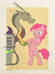 Size: 1200x1600 | Tagged: safe, artist:darkdoomer, imported from derpibooru, discord, pinkie pie, draconequus, earth pony, pony, belly button, body writing, duo, fetish, fuel pump, gas pump, gasoline, insertion, navel fetish, navel insertion, navel play, not salmon, vintage, wat