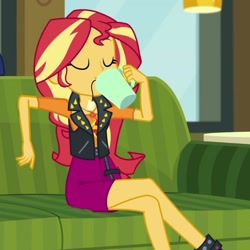 Size: 2048x2048 | Tagged: safe, imported from derpibooru, screencap, sunset shimmer, equestria girls, equestria girls series, text support, cropped, crossed legs, drinking, female, food, geode of empathy, legs, magical geodes, solo, tea, text support: sunset shimmer