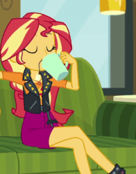 Size: 728x928 | Tagged: safe, imported from derpibooru, screencap, sunset shimmer, equestria girls, equestria girls series, text support, animated, cafe, couch, cropped, crossed legs, drinking, female, food, geode of empathy, legs, sitting, solo, tea, text support: sunset shimmer
