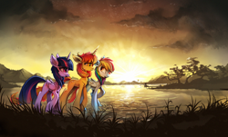 Size: 1485x897 | Tagged: safe, artist:ramiras, imported from derpibooru, rainbow dash, twilight sparkle, oc, alicorn, pony, cloud, commission, crepuscular rays, fishing, fishing rod, lake, scenery, sunset, trio, twilight (astronomy), twilight sparkle (alicorn)