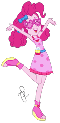 Size: 997x2048 | Tagged: safe, artist:ilaria122, imported from derpibooru, pinkie pie, equestria girls, equestria girls series, spring breakdown, spoiler:eqg series (season 2), bow, clothes, dress, female, hair bow, pigtails, pink, raised arms, raised leg, simple background, solo, sunglasses, transparent background