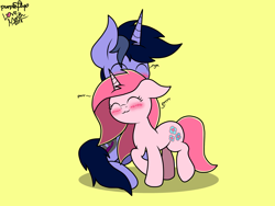 Size: 2048x1536 | Tagged: safe, artist:kimjoman, artist:php142, imported from derpibooru, oc, oc only, oc:purple flix, oc:rosa flame, pony, behaving like a cat, blushing, cute, duo, eyes closed, female, floppy ears, happy, love, male, nuzzling, purring, simple background, sitting, yellow background