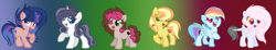 Size: 1712x314 | Tagged: safe, artist:marielle5breda, imported from derpibooru, oc, oc only, oc:apple cider, oc:magic star, oc:sapphire gem, earth pony, hybrid, pegasus, pony, unicorn, female, filly, gradient background, interspecies offspring, offspring, parent:applejack, parent:caramel, parent:cheese sandwich, parent:discord, parent:fancypants, parent:flash sentry, parent:fluttershy, parent:pinkie pie, parent:rainbow dash, parent:rarity, parent:soarin', parent:twilight sparkle, parents:carajack, parents:cheesepie, parents:discoshy, parents:flashlight, parents:raripants, parents:soarindash