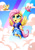 Size: 955x1351 | Tagged: safe, artist:mysticalpha, imported from derpibooru, fluttershy, anthro, bird, clothes, cloud, dress, female, flying, rainbow, sky, solo, wings