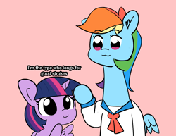 Size: 1772x1370 | Tagged: safe, artist:pabbley, artist:tjpones, imported from derpibooru, rainbow dash, twilight sparkle, alicorn, pegasus, pony, bust, c:, cute, dialogue, duo, ear fluff, female, mare, pink background, pop team epic, simple background, smiling, spread wings, text, twilight sparkle (alicorn), wat, wings