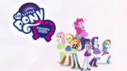 Size: 3655x2048 | Tagged: safe, imported from derpibooru, applejack, fluttershy, pinkie pie, rainbow dash, rarity, sci-twi, spike, spike the regular dog, sunset shimmer, twilight sparkle, dog, equestria girls, spoiler:eqg specials, equestria girls logo, humane five, humane seven, humane six, intro, my little pony logo