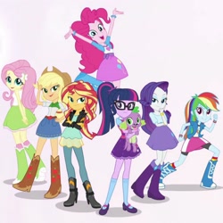 Size: 2048x2048 | Tagged: safe, imported from derpibooru, screencap, applejack, fluttershy, pinkie pie, rainbow dash, rarity, sci-twi, spike, spike the regular dog, sunset shimmer, twilight sparkle, dog, equestria girls, spoiler:eqg specials, boots, clothes, compression shorts, cowboy boots, cowboy hat, cropped, denim skirt, glasses, hat, humane five, humane seven, humane six, intro, mary janes, pants, ponytail, shoes, skirt, smiling, socks, stetson