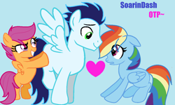 Size: 1088x658 | Tagged: safe, artist:xxskittleponyxx, imported from derpibooru, rainbow dash, scootaloo, soarin', pony, base used, female, heart, male, missing cutie mark, scootaloo the shipper, shipper on deck, shipping, soarindash, straight