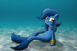 Size: 4000x2641 | Tagged: safe, artist:pzkratzer, imported from derpibooru, oc, oc only, earth pony, merpony, sea pony, seapony (g4), blue mane, bubble, cute, dorsal fin, fish tail, jewelry, necklace, ocean, pearl necklace, seaponified, sitting, smiling, solo, species swap, tail, underwater, water