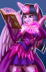 Size: 825x1275 | Tagged: safe, artist:bumblebun, imported from derpibooru, part of a set, twilight sparkle, alicorn, anthro, big breasts, book, breasts, busty twilight sparkle, cleavage, clothes, fantasy class, female, glowing horn, magic, magic circle, mare, solo, twilight sparkle (alicorn), watermark