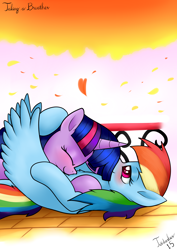 Size: 2480x3507 | Tagged: safe, artist:twidasher, imported from derpibooru, rainbow dash, twilight sparkle, pegasus, pony, unicorn, autumn, chest fluff, cuddling, duo, eyes closed, female, golden oaks library, hug, leaves, lesbian, lying down, mare, multicolored hair, shipping, signature, smiling, twidash, winghug