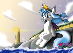 Size: 988x714 | Tagged: safe, artist:pencil bolt, imported from derpibooru, oc, oc:kampanat kaenil, bat pony, pony, blue eyes, cloud, crown, dam, evening, fantasy, forest, jewelry, light, lighthouse, ocean, open mouth, orange sky, regalia, road, rock, stars, yellow sky