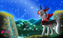 Size: 1147x706 | Tagged: safe, artist:pencil bolt, imported from derpibooru, dream, fantasy, forest, front view, grass, laser, meadow, mountain, night, river, stars, tree