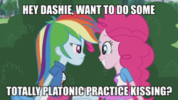 Size: 899x506 | Tagged: safe, edit, edited screencap, imported from derpibooru, screencap, pinkie pie, rainbow dash, equestria girls, friendship games, pinkie spy (short), bush, clothes, compression shorts, female, image macro, lesbian, meme, pinkiedash, shipping, smiling