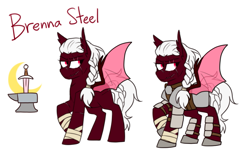 Size: 853x539 | Tagged: safe, artist:redxbacon, imported from derpibooru, oc, oc only, oc:brenna steel, bat pony, pony, armor, reference sheet, scar, scratches, solo