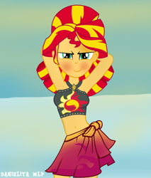 Size: 1024x1201 | Tagged: safe, artist:danielitamlp, imported from derpibooru, sunset shimmer, equestria girls, equestria girls series, forgotten friendship, arm behind head, armpits, beach, belly button, bikini, blushing, breasts, clothes, cute, dancing, female, looking at you, midriff, sarong, skirt, solo, summer sunset, swimsuit