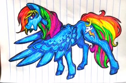 Size: 3024x2000 | Tagged: safe, artist:smirk, imported from derpibooru, rainbow dash, pegasus, pony, female, gel pen, lined paper, mare, pen, simple background, solo, spread wings, traditional art, wings