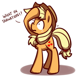 Size: 1024x1024 | Tagged: safe, artist:sugar morning, derpibooru exclusive, imported from derpibooru, applejack, earth pony, pony, confused, cute, female, hat, hooves, lifted leg, mare, reaction image, shocked, shrunken pupils, signature, simple background, solo, surprised, transparent background, what in tarnation