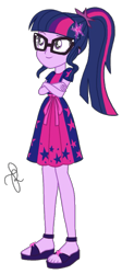 Size: 916x2048 | Tagged: safe, artist:ilaria122, imported from derpibooru, sci-twi, twilight sparkle, equestria girls, equestria girls series, spring breakdown, spoiler:eqg series (season 2), clothes, crossed arms, dress, female, geode of telekinesis, glasses, magical geodes, sandals, signature, simple background, solo, transparent background