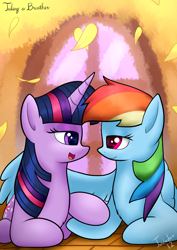 Size: 2480x3507 | Tagged: safe, artist:twidasher, imported from derpibooru, rainbow dash, twilight sparkle, pegasus, pony, unicorn, autumn, duo, female, golden oaks library, hug, leaves, lesbian, looking at each other, lying down, mare, prone, shipping, signature, twidash, unicorn twilight, window, winghug