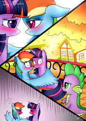 Size: 2480x3507 | Tagged: safe, artist:twidasher, imported from derpibooru, rainbow dash, spike, twilight sparkle, dragon, pegasus, pony, unicorn, autumn, blushing, female, golden oaks library, hug, leaves, lesbian, looking at each other, ponyville, shipping, twidash, unicorn twilight, winghug