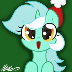 Size: 1250x1250 | Tagged: safe, artist:mimicproductions, imported from derpibooru, lyra heartstrings, pony, unicorn, christmas, eye reflection, female, hat, holiday, looking at you, mare, reflection, santa claus, santa hat, smiling, solo