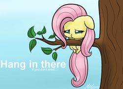 Size: 1024x741 | Tagged: safe, artist:mimicproductions, imported from derpibooru, fluttershy, pegasus, pony, chibi, cute, female, hang in there, hanging, mare, shyabetes, solo, tree, tree branch