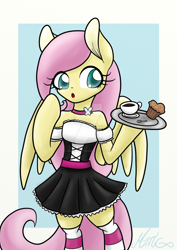 Size: 1024x1448 | Tagged: safe, artist:mimicproductions, imported from derpibooru, fluttershy, pegasus, semi-anthro, arm hooves, bipedal, clothes, coffee, collar, cupcake, drink, female, food, maid, socks, solo, strapless, striped socks, tray, zettai ryouiki