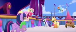 Size: 1920x804 | Tagged: safe, imported from derpibooru, screencap, applejack, fluttershy, rainbow dash, rarity, spike, twilight sparkle, alicorn, dragon, earth pony, pegasus, pony, unicorn, my little pony: the movie, bow, cart, cider, gem, ribbon, tied up, twilight sparkle (alicorn)