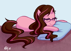 Size: 800x572 | Tagged: safe, artist:emberfan11, imported from derpibooru, oc, oc only, oc:opacity, pony, unicorn, female, freckles, glasses, mare, pillow, ponysona, sleeping, solo