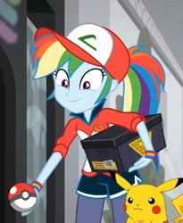 Size: 469x572 | Tagged: safe, edit, edited screencap, imported from derpibooru, screencap, rainbow dash, pikachu, eqg summertime shorts, equestria girls, good vibes, cropped, crossover, cute, dashabetes, female, helpful, helping, looking at you, looking down, poké ball, pokéball, pokémon, pokémon trainer, smiling, solo