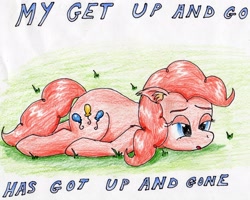 Size: 2514x2009 | Tagged: safe, artist:40kponyguy, derpibooru exclusive, imported from derpibooru, pinkie pie, earth pony, pony, colored pencil drawing, ear fluff, female, floppy ears, grass, mare, solo, tired, traditional art