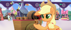 Size: 1920x804 | Tagged: safe, imported from derpibooru, screencap, applejack, my little pony: the movie, applejack's hat, balloon, bow, cake, cart, cider, confused, cotton candy, cowboy hat, flag, food, hat, hoof hold, jug, mug, ribbon, serious, tankard