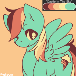 Size: 500x500 | Tagged: safe, artist:pixelsnax, imported from derpibooru, rainbow dash, pegasus, pony, castle in the sky, female, limited palette, looking at you, mare, one eye closed, orange background, simple background, smiling, solo, spread wings, standing, wings, wink