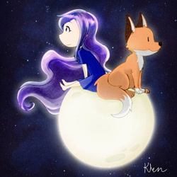 Size: 749x749 | Tagged: safe, artist:kprovido, imported from derpibooru, princess luna, fox, human, barefoot, clothes, cute, dress, humanized, moon, tangible heavenly object, the little prince, younger