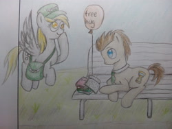 Size: 4096x3072 | Tagged: safe, artist:supercastle, imported from derpibooru, derpy hooves, doctor whooves, time turner, balloon, bench, book, traditional art