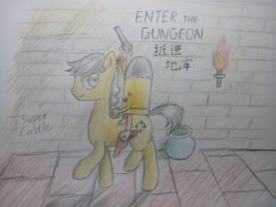 Size: 4096x3072 | Tagged: safe, artist:supercastle, imported from derpibooru, pony, bullet kin, chinese, enter the gungeon, gun, handgun, ponified, revolver, torch, traditional art