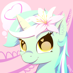 Size: 1200x1200 | Tagged: safe, artist:cheshiresdesires, imported from derpibooru, lyra heartstrings, pony, unicorn, abstract background, female, flower, flower in hair, heart, heart eyes, looking at you, smiling, solo, wingding eyes