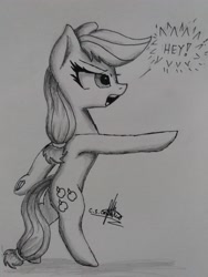 Size: 3096x4128 | Tagged: safe, artist:ironbeastz, imported from derpibooru, applejack, pony, bipedal, female, hatless, high res, missing accessory, monochrome, solo, traditional art, underhoof