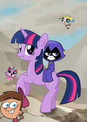 Size: 5840x8172 | Tagged: safe, artist:amarthgul, imported from derpibooru, twilight sparkle, pony, unicorn, absurd resolution, bubbles (powerpuff girls), crossover, humans riding ponies, lego, napoleon crossing the alps, raven (dc comics), raven (teen titans), rearing, riding, tara strong, teen titans go, the lego movie, the powerpuff girls, timmy turner, unicorn twilight, unikitty, unikitty!, unikitty! (tv series), voice actor joke