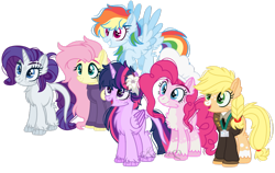 Size: 1024x649 | Tagged: safe, artist:bezziie, imported from derpibooru, applejack, fluttershy, pinkie pie, rainbow dash, rarity, twilight sparkle, alicorn, pony, alternate universe, chef's hat, clothes, flower, flower in hair, fluffy, hat, jacket, mane six, simple background, transparent background, twilight sparkle (alicorn)