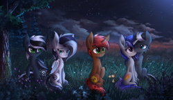 Size: 5000x2903 | Tagged: safe, artist:atlas-66, imported from derpibooru, oc, oc only, oc:naisha, oc:q'pon, oc:rayven, oc:shaggy, oc:sheggy, oc:teris, bat pony, earth pony, pony, unicorn, cloud, ear fluff, female, forest, grass, male, mare, night, one eye closed, scenery, sitting, slit eyes, slit pupils, snuggling, stallion, tree